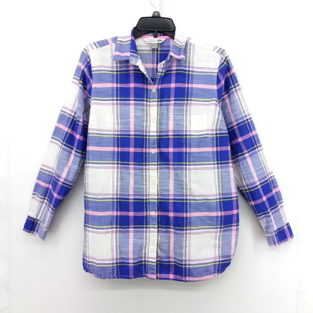 Old Navy Shirt Womens Large Purple Pink Plaid Lightweight Long Sleeve Button Up